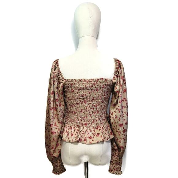 LUSH Floral Peplum Top Smocked Front Square Neckline Long Sleeve Size M - Picture 8 of 11